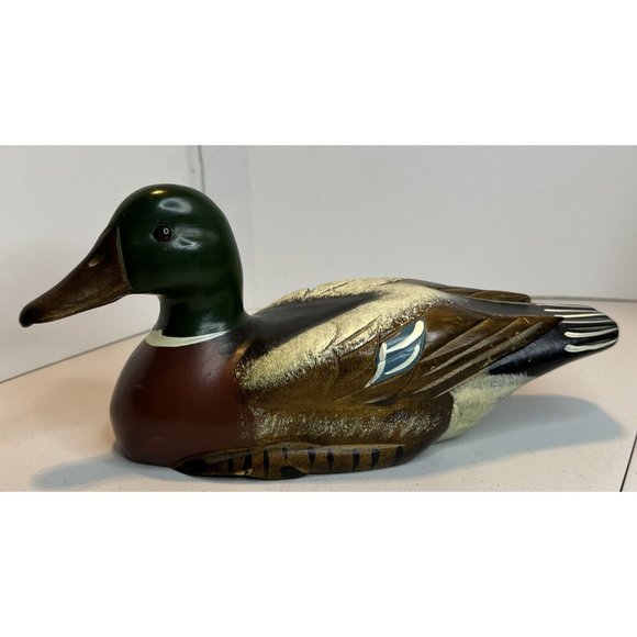 Wood Solid Carved Painted Duck Glass Eyes 10” across 4.5” T Unsigned Mallard?